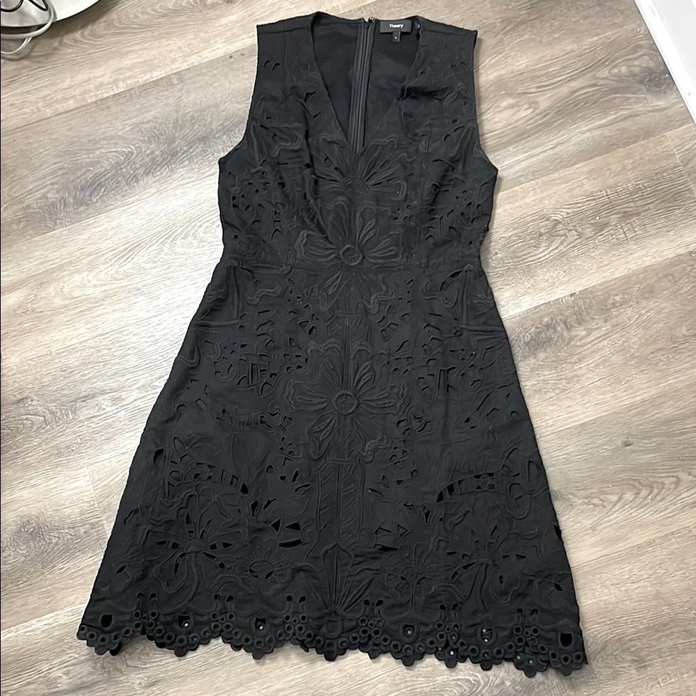 Theory Eyelet Linen Cotton Dress Little Black Summer Dress Size 6 Embroidered - Picture 2 of 14